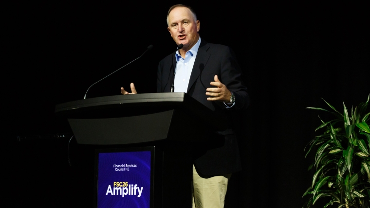 Former Prime Minister John Key speaks at the 2026 Financial Services Council conference.