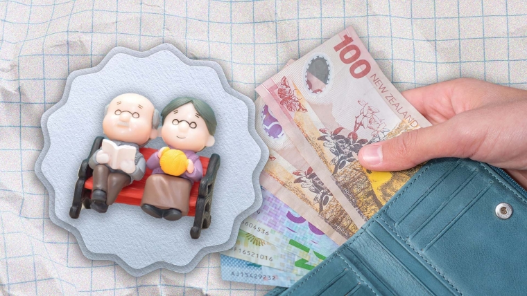 A composite image of grid paper overlayed with a hand pulling out money from a wallet and miniature people sitting on a bench.