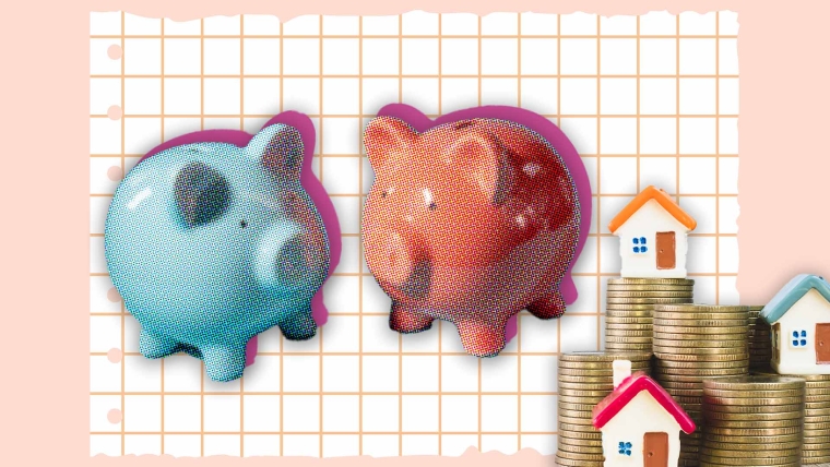A composite image of graph paper overlayed with two piggy banks and a stack of coins that have miniature homes on top of them.