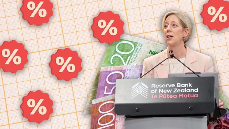 A composite image of RBNZ Governor Anna Breman speaking at a podium overlayed onto grid paper, New Zealand money and percentage signs.