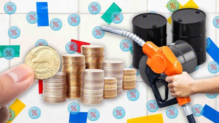A composite image of tiles with colourful tape on them, overlayed with oil barrels, a hand holding a petrol pump nozzle, stacks of coins and a hand holding a one dollar coin.