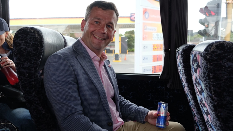 ACT leader David Seymour enjoys a Red Bull while riding on Big Pinky. Image source: Mandy Te