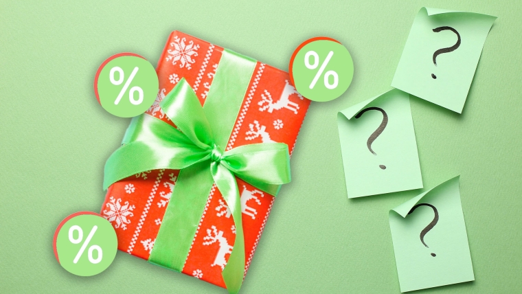 A composite image of a green background with post-it notes that have question marks on them overlayed with a christmas present and percentage logos.