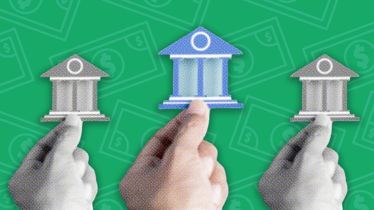 A composite image of a hand holding a bank building cut out overlayed on a green money background.