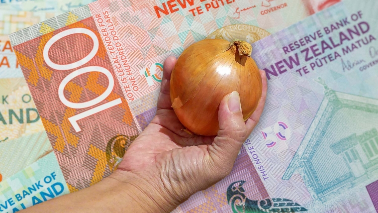 A composite image of NZ money overlayed with a hand holding an onion.