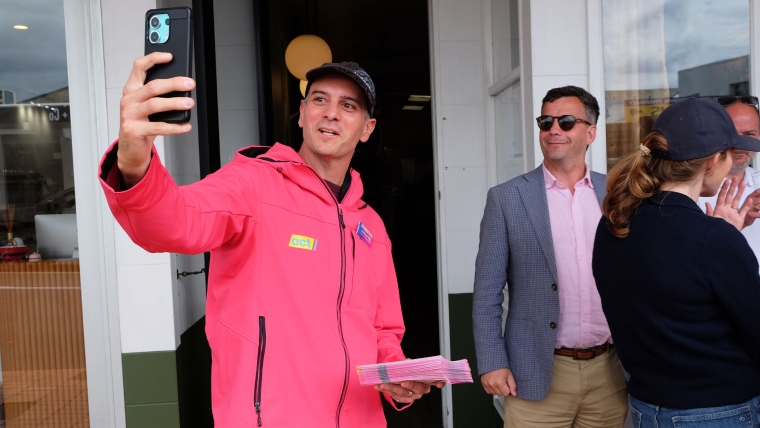 ACT Upper Candidate Panos Patros films a video with ACT leader David Seymour. Image source: Mandy Te