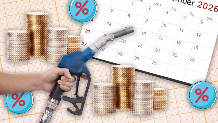 A composite image of orange grid paper overlayed with a calendar showing December 2026, a hand holding a petrol hose, stacks of coins and percentage icons.