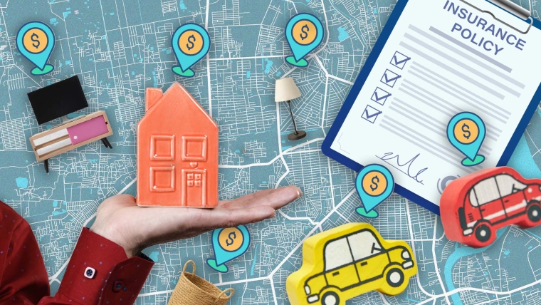 A composite image showing a map overlayed with items like a miniature house, cars, furniture and appliances with money icons on top of them and an insurance policy form.
