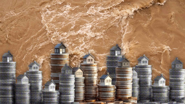 A composite image of brown flood water overlayed with miniature houses on stacks of coins.
