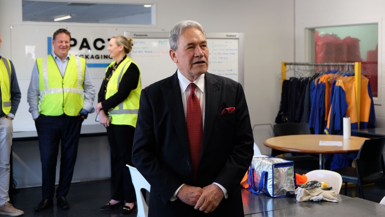 New Zealand First leader Winston Peters talks to staff at Pact Packaging in Auckland's East Tāmaki. Image source: Mandy Te