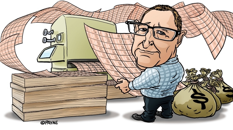 RBNZ Governor Adrian Orr keeps the money flowing. Illustration by Ross Payne.