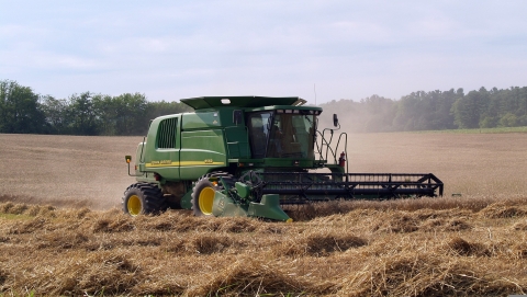 John Deere harvester in a field.