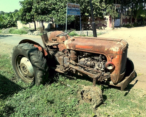 Antique tractor in field