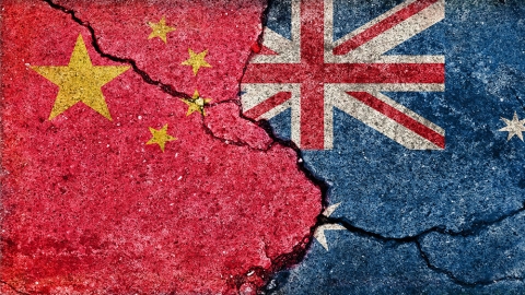 China and Australia flags on a grunge background
