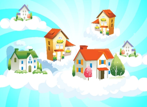 Illustration of houses in the clouds