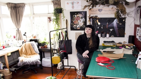Velvet Heartbeat vegan handbag maker Suzie Eggleton in her Auckland workroom. 