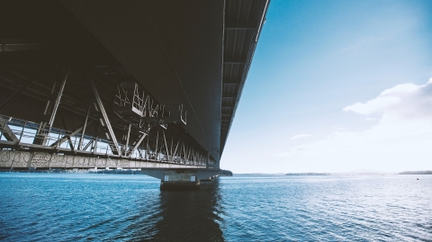 The Auckland Harbor Bridge viewed from underneath, looking north