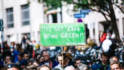 A protest sign which says 'not easy being green' 