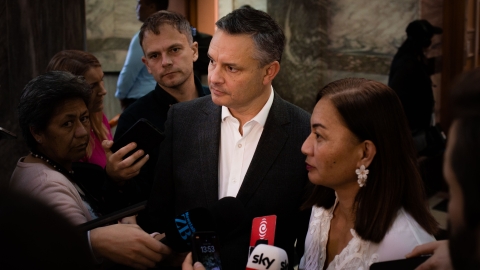 The Minister for Climate Change James Shaw with reporters in Parliament 