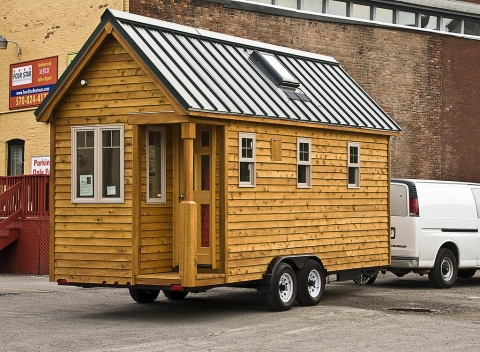 Tiny house being towed