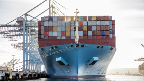 container ship at wharf in Los Angeles Port