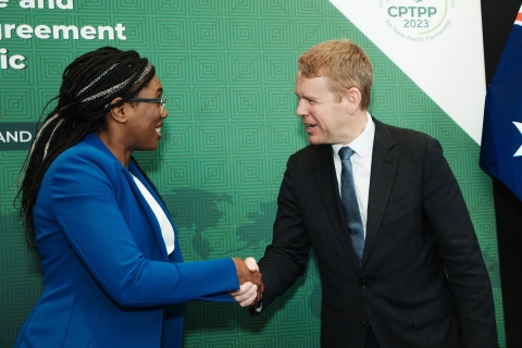 The British Business and Trade Secretary Kemi Badenoch signs the accession to the CPTPP with Chris Hipkins 