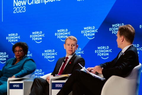 Chris Hipkins speaks as part of a panel at a World Economic Forum event in Tianjin