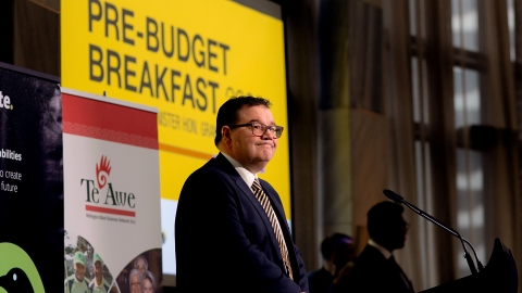 Labour Finance Minister Grant Robertson speaks at a pre-budget event in 2023