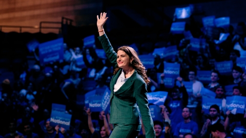 National's Nicola Willis waves to supporters at a campaign launch in Auckland