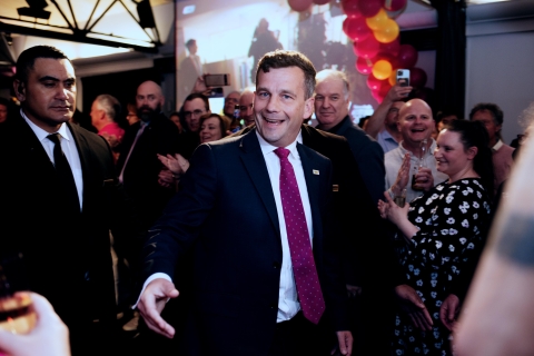 Act Party leader David Seymour celebrates winning two electorates and eleven seats in Parliament