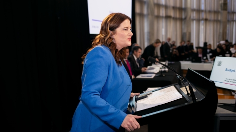 Nicola Willis gives a speech during the lock-up for Budget 2024