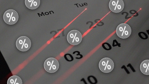 A calendar overlayed with three red laser beams and percentage vectors.