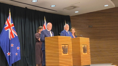 Prime Minister Christopher Luxon, Emergency Management Minister Mark Mitchell and Finance Minister Nicola Willis speak to media at the Beehive Theatrette on January 27.