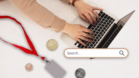 A composite image of hands typing on an Apple laptop overlayed with a search bar graphic alongside New Zealand coins and a red lanyard with a white key card.