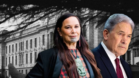 A composite image of Parliament overlayed with Te Pāti Māori co-leader Debbie Ngarewa-Packer and New Zealand First leader Winston Peters. 