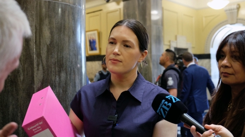 Brooke van Velden speaks to reporters. 