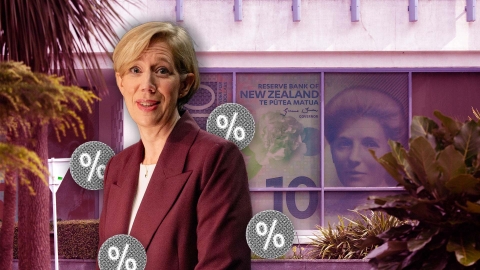 A composite image of the Reserve Bank overlayed with an image of Reserve Bank Governor Anna Breman and percentage icons. 