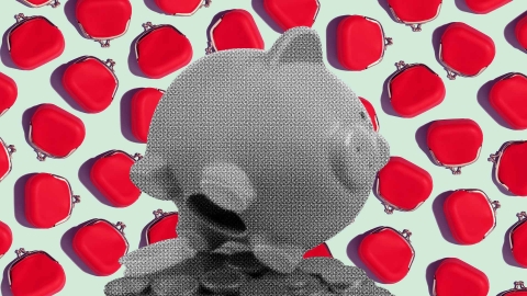 A composite image of red wallets against a light blue background overlayed with a black and white piggy bank that has coins coming out from the bottom.