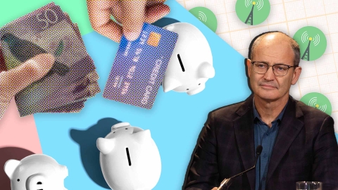 A composite image of grid paper and a colourful background featuring piggy banks overlayed with images of a hand holding New Zealand money, a hand holding a credit card, antenna logos, and Reserve Bank chief economist Paul Conway.