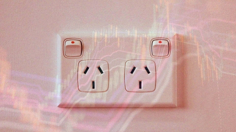 A composite image of an electrical outlet overlayed with a vibrant display of market trends.