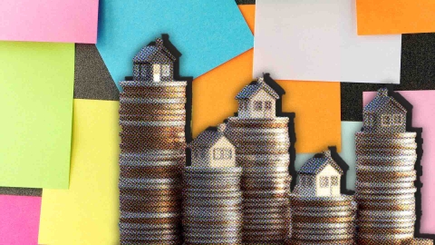A composite image of post-it notes overlayed with stacks of coins that have miniature houses on top of them.