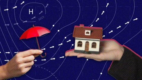 A composite image of a weather map overlayed with a hand holding a miniature house and another hand holding an umbrella.