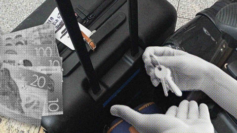 A composite image of luggage overlayed with a hand offering another hand house keys and New Zealand money.