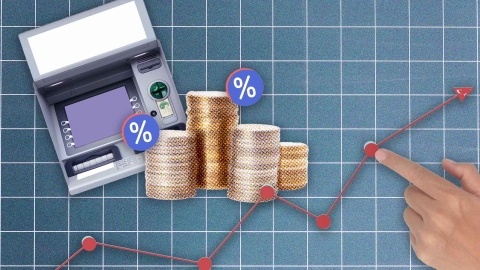 A composite image of an ATM, stacks of coins against a graph and a finger touching a point on the graph.