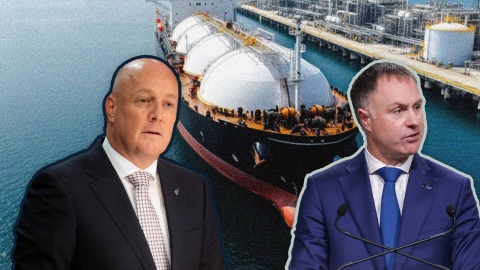 A composite image of Prime Minister Christopher Luxon and Energy Minister Simon Watts overlayed on an image of a LNG ship.