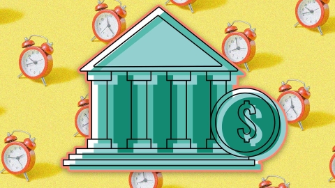 A composite image of red alarm clocks against a yellow background overlayed with an illustration of a bank.