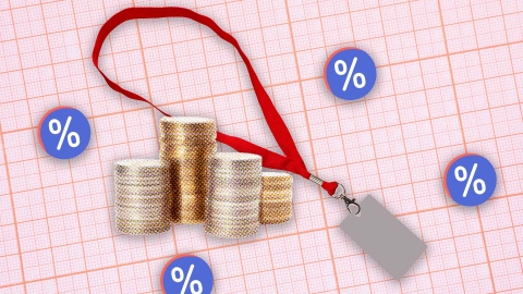 A composite image of grid paper with a red lanyard, stacks of coins and a percentage vector logo overlayed on top.