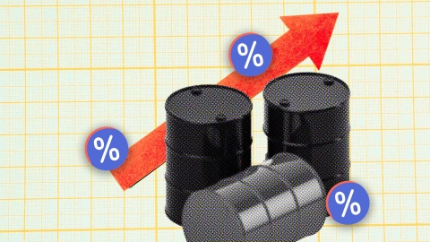 A composite image of grid paper overlayed with three oil barrels, an arrow and percentage signs.