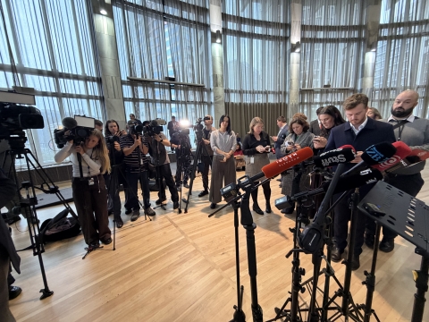 The Press Gallery waiting for PM Christopher Luxon to appear after a long caucus meeting. 
