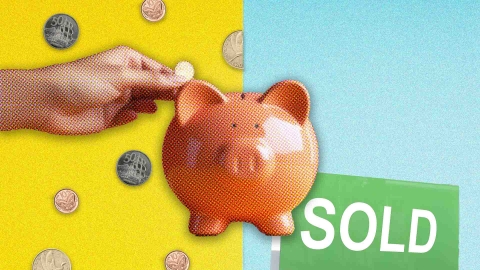 A composite image of a half yellow, half blue background overlayed with a green sold sign, New Zealand coins and a hand putting a coin in a piggy bank.